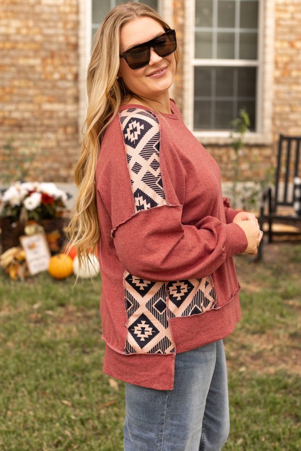 Redwood Burl Aztec Patchwork Drop Shoulder Plus Size High Low Sweatshirt - Image 3