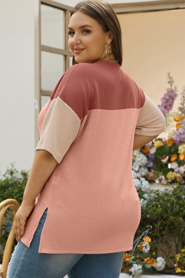 Rose Pink Plus Size Ribbed Colorblock T-shirt - Image 2