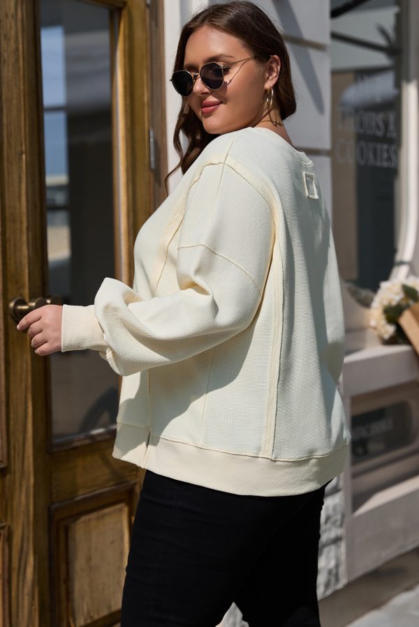 White Solid Color Waffle Knit Drop Shoulder Plus Size Sweatshirt - Image 3