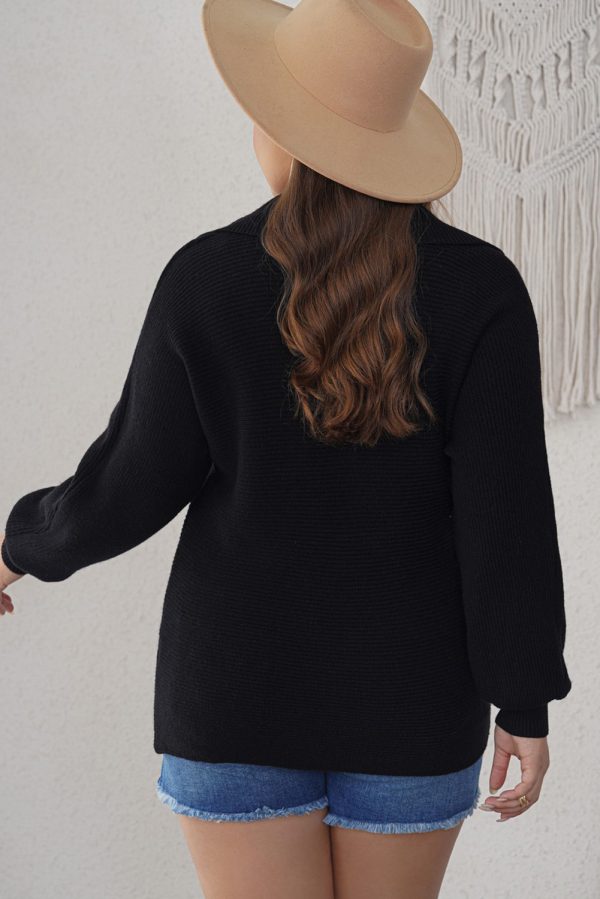 Black Ribbed Knit Lapel Neck Curvy Sweater - Image 2