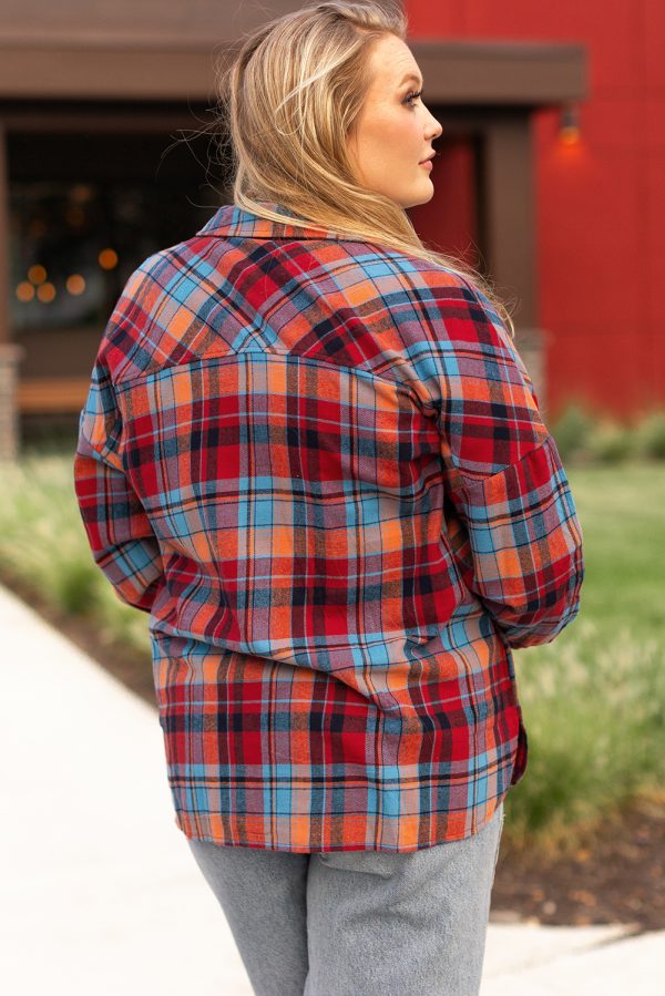 Orange Plus Size Plaid Print Buttoned Shirt - Image 5