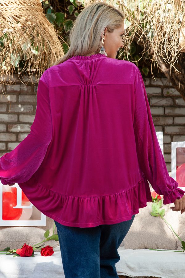 Bright Pink Plus Size Ruffled Sleeve V Neck Velvet Blouse - Image 2