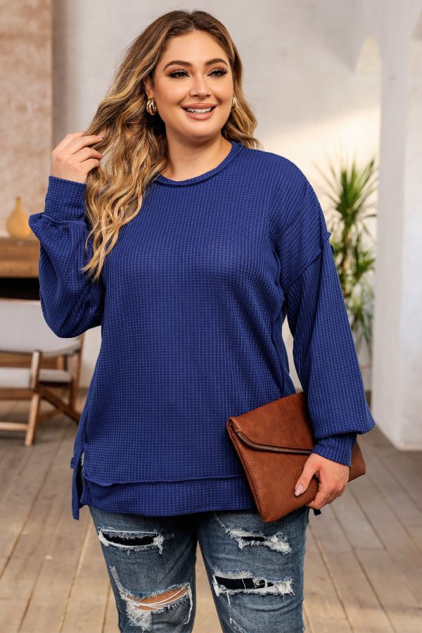 Blue Plus Size Waffle Knit Oversized Exposed Seam Top - Image 3