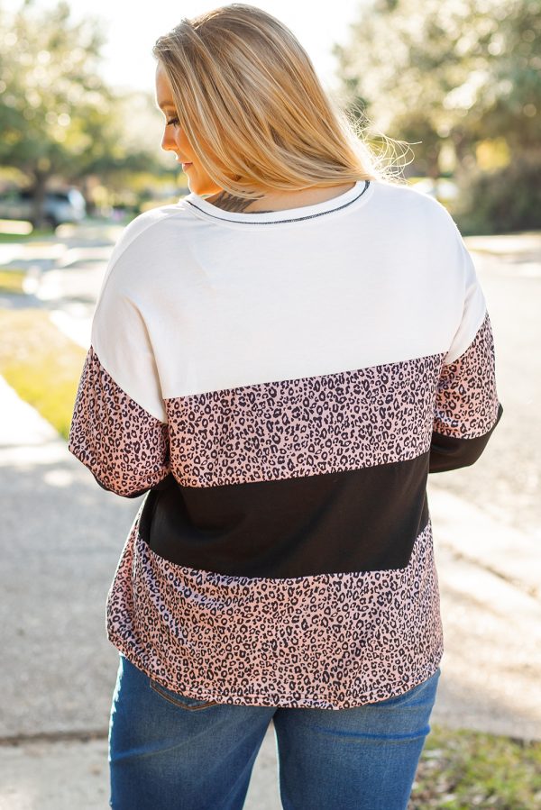 Black Leopard Print Colorblock V Neck Long Sleeve Plus Size Top - Image 2