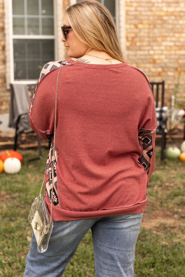 Redwood Burl Aztec Patchwork Drop Shoulder Plus Size High Low Sweatshirt - Image 2