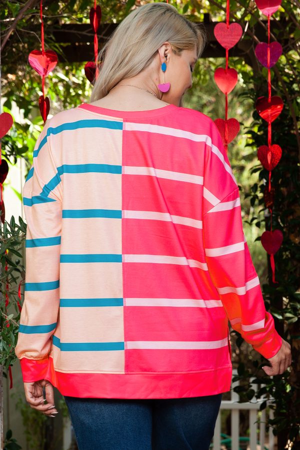 Rose Stripe Color Block Crewneck Long Sleeve Plus Size T Shirt - Image 2