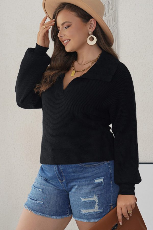 Black Ribbed Knit Lapel Neck Curvy Sweater - Image 3