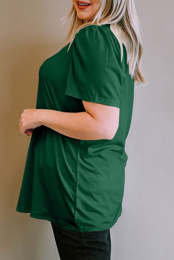 Green Plus Size Square Neck Ruched Shoulder Short Sleeve Top - Image 3