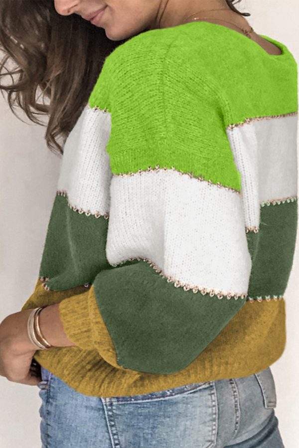 Green Plus Size Color Block Patchwork Sweater - Image 3