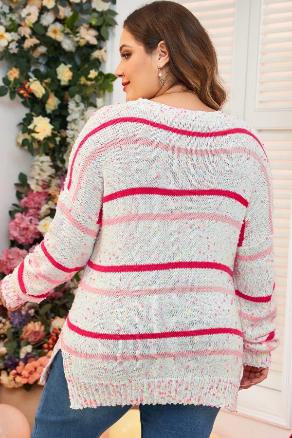 Pink Stripe Drop Shoulder Side Split Plus Size Sweater - Image 2