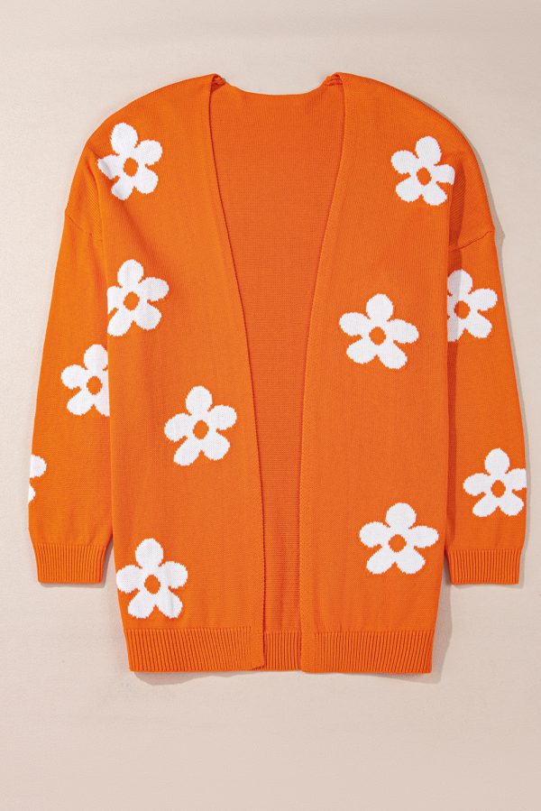 Orange Flower Pattern Drop Shoulder Plus Size Cardigan - Image 3