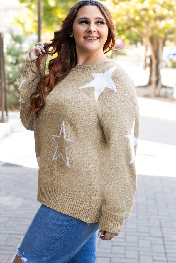 Khaki Star Pattern Drop Shoulder Plus Size Sweater - Image 3