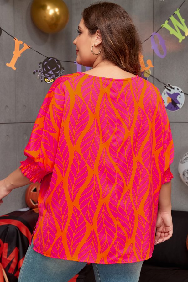 Rose Leafy Printed Smocked Lantern Sleeve Plus Size Blouse - Image 2