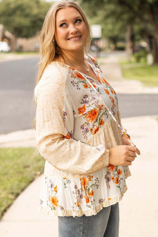 White Plus Size Floral Print V Neck Puff Sleeve Blouse - Image 3