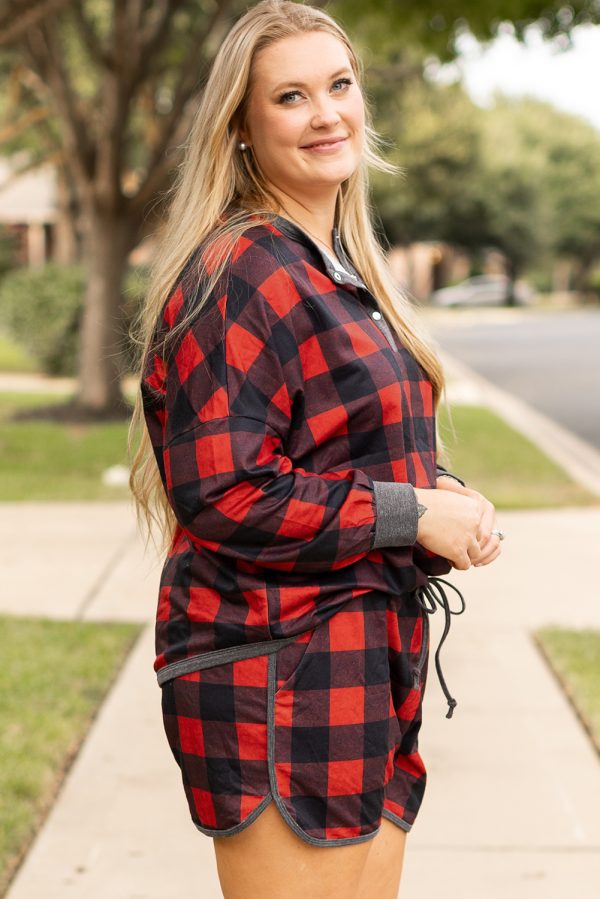 Fiery Red Christmas Buffalo Print Henley Top and Shorts Plus Size Set - Image 3