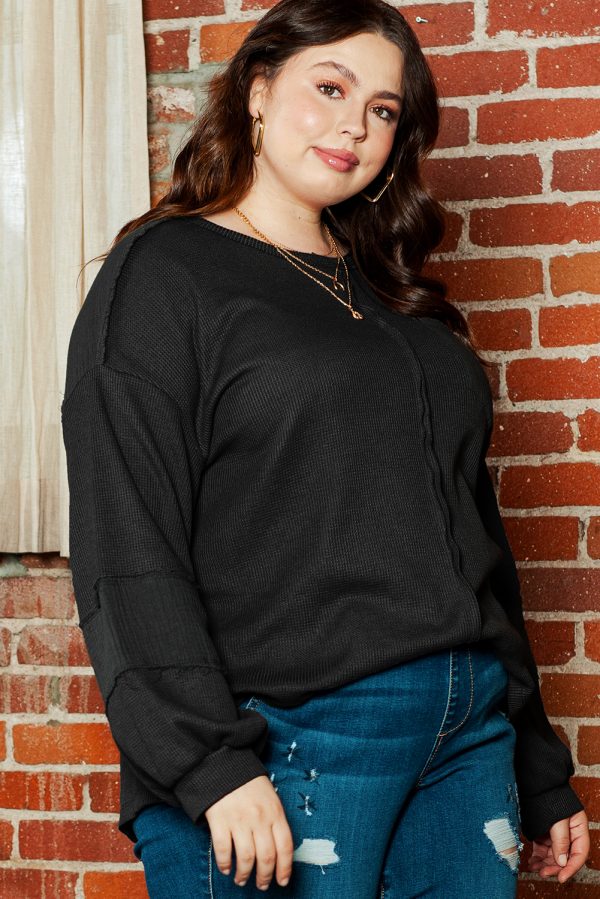 Black Plus Size Exposed Seam Crinkle Patchwork Top - Image 3