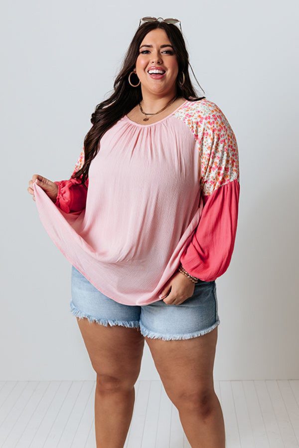 Pink Contrast Floral Patchwork Long Sleeve Plus Size Blouse - Image 3