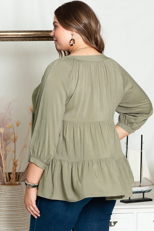 Green Plus Size Ruffle Tiered Split Neck Shirt - Image 2