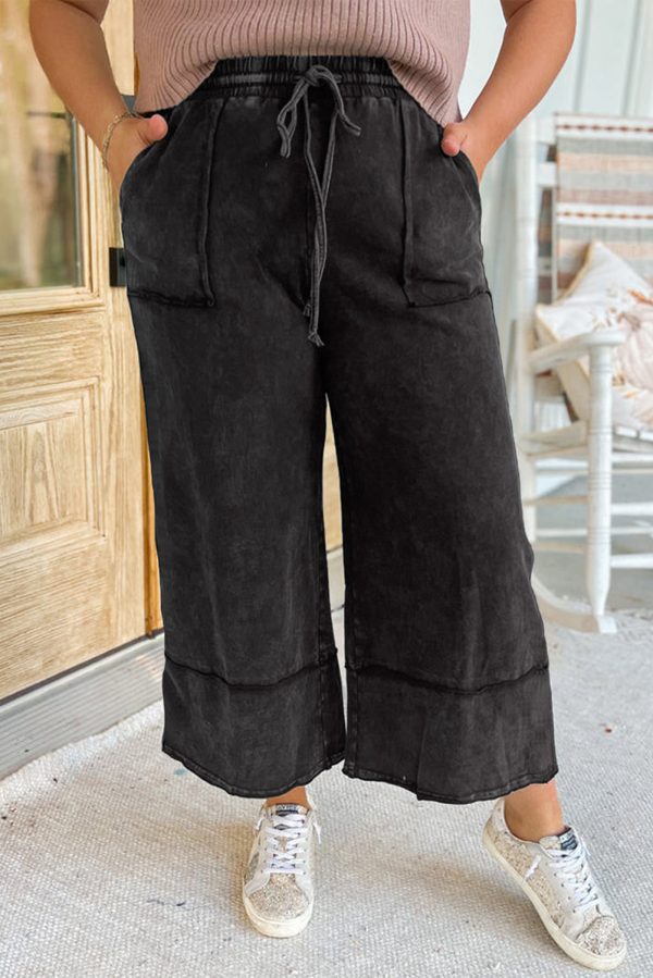 Black Plus Mineral Wash Exposed Seam Wide Leg Cropped Pants - Image 2