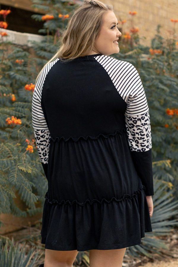 Black Plus Size Striped Leopard Patch Sleeve Ruffle Tiered Dress - Image 2