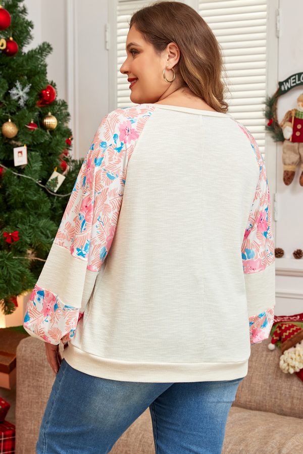 Apricot Plus Size Floral Patchwork Ribbed Puff Sleeve Top - Image 2