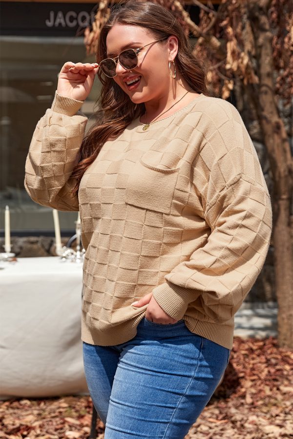 Light French Beige Solid Checkered Textured Knit Plus Size Sweater - Image 3