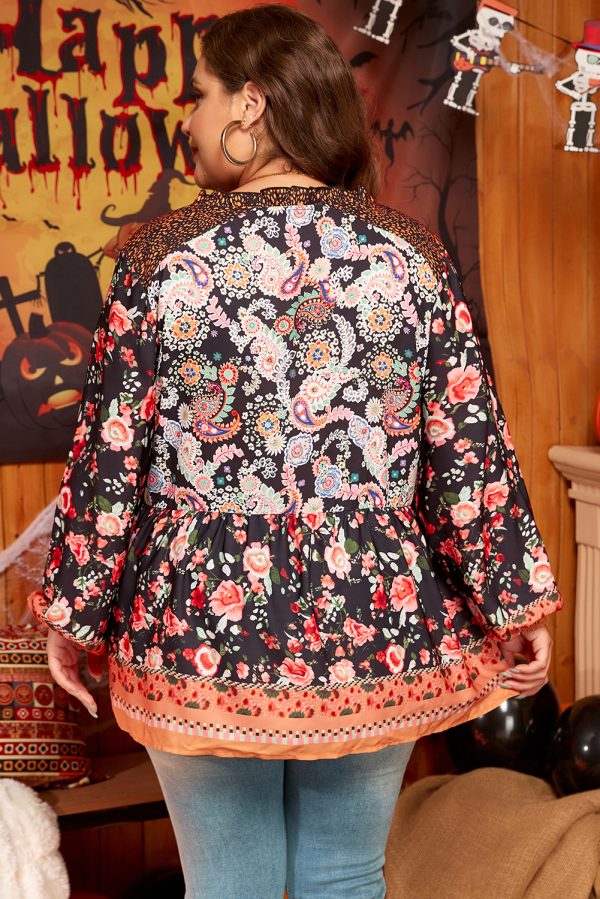 Black Plus Size Paisley Floral Print V Neck Bubble Sleeve Blouse - Image 2