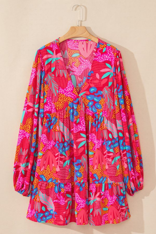 Rose Tropical Printed Lantern Sleeve V Neck Ruffled Plus Size Mini Dress - Image 3