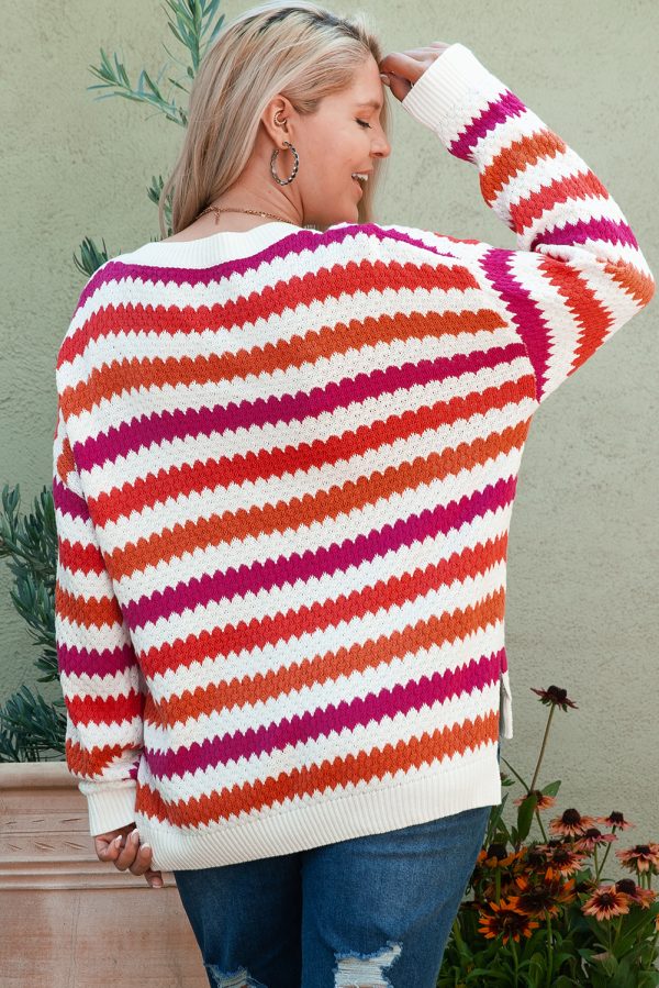 Pink Stripe V Neck Drop Shoulder Plus Size Sweater - Image 2