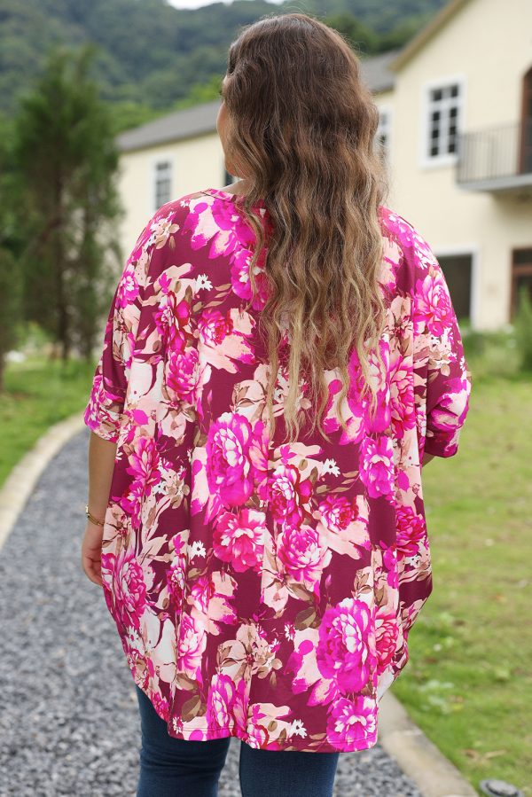 Red Floral Print Short Sleeve Plus Size Blouse - Image 2