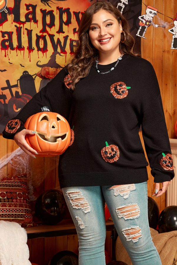 Black Plus Size Halloween Sequined Pumpkin Pattern Sweater - Image 3