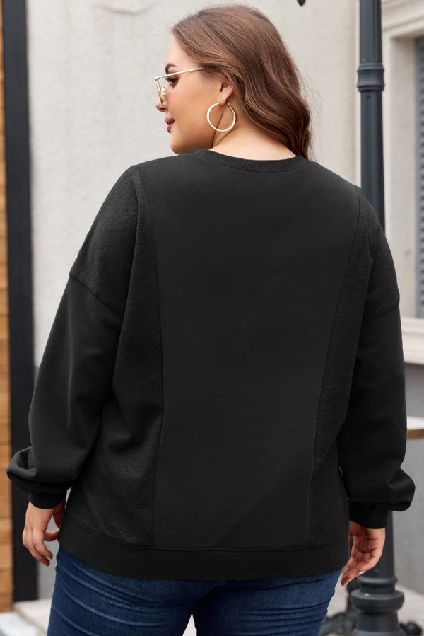 Black Loose Patchwork Crewneck Plus Size Sweatshirt - Image 2