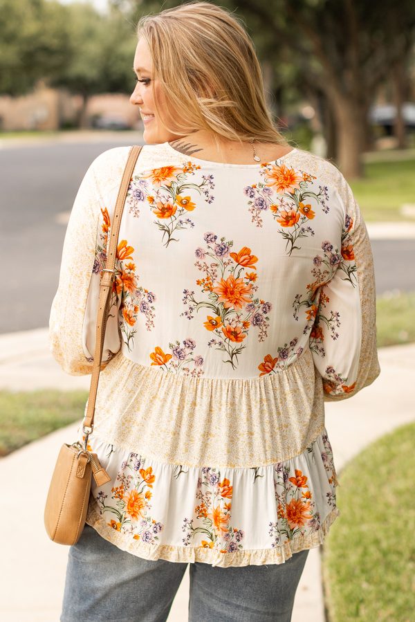 White Plus Size Floral Print V Neck Puff Sleeve Blouse - Image 2