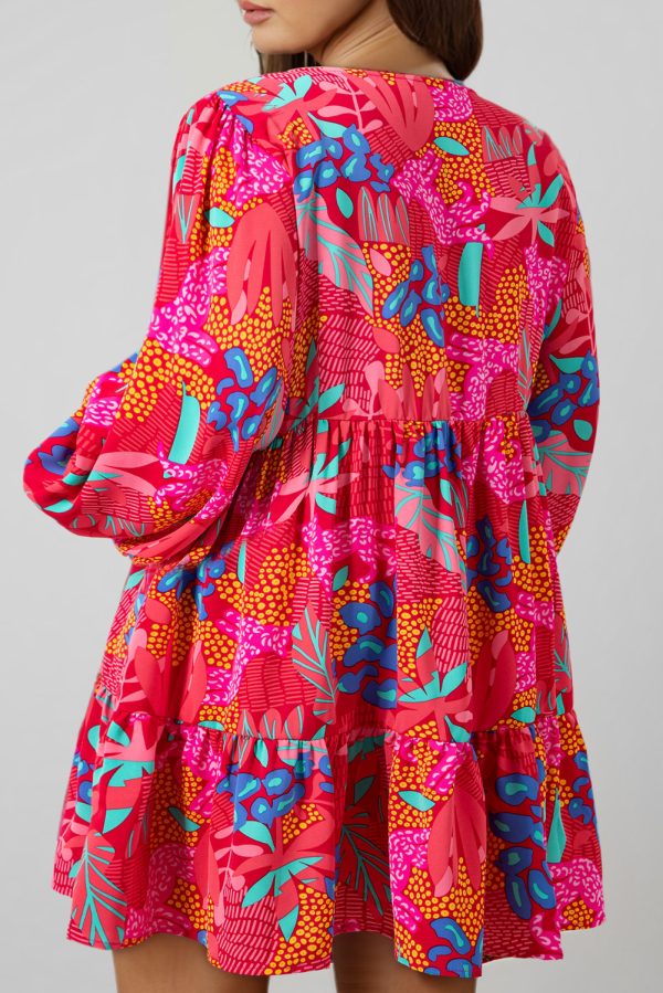 Rose Tropical Printed Lantern Sleeve V Neck Ruffled Plus Size Mini Dress - Image 2