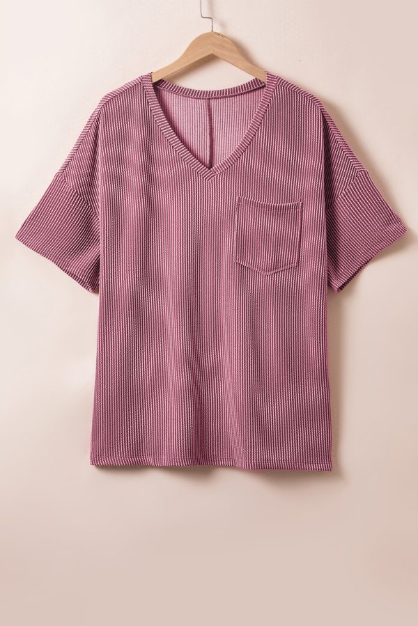 Rose Pink Textured V-Neck Dropped Shoulder Plus T-Shirt - Image 3