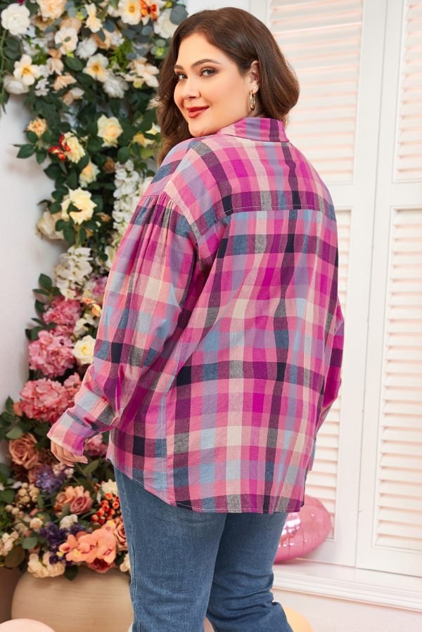 Rose Stripe Plus Size Checkered Print Button up Shirt - Image 2