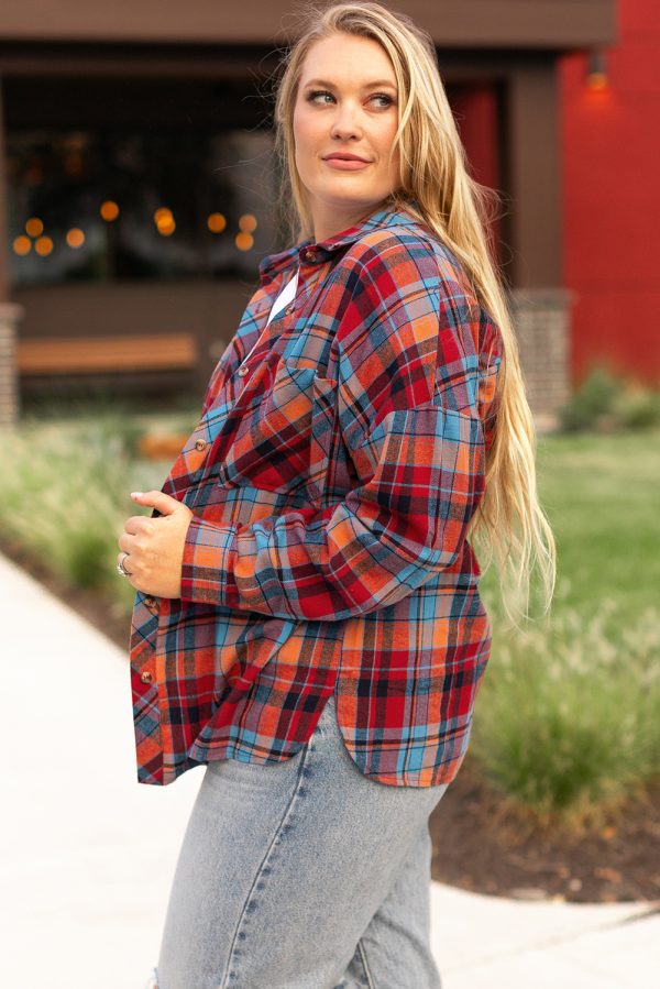 Orange Plus Size Plaid Print Buttoned Shirt - Image 6