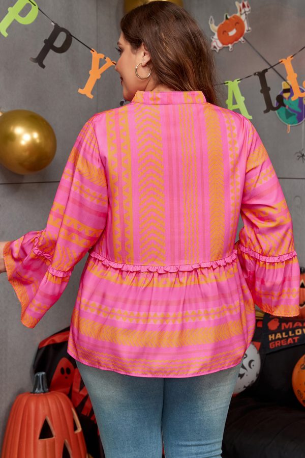 Vitality Orange Plus Size Geometric Printed Bell Sleeve Babydoll Blouse - Image 2