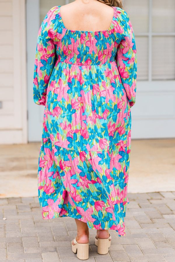 Sky Blue Floral Allover Print Shirred Square Neck Plus Size Maxi Dress - Image 2