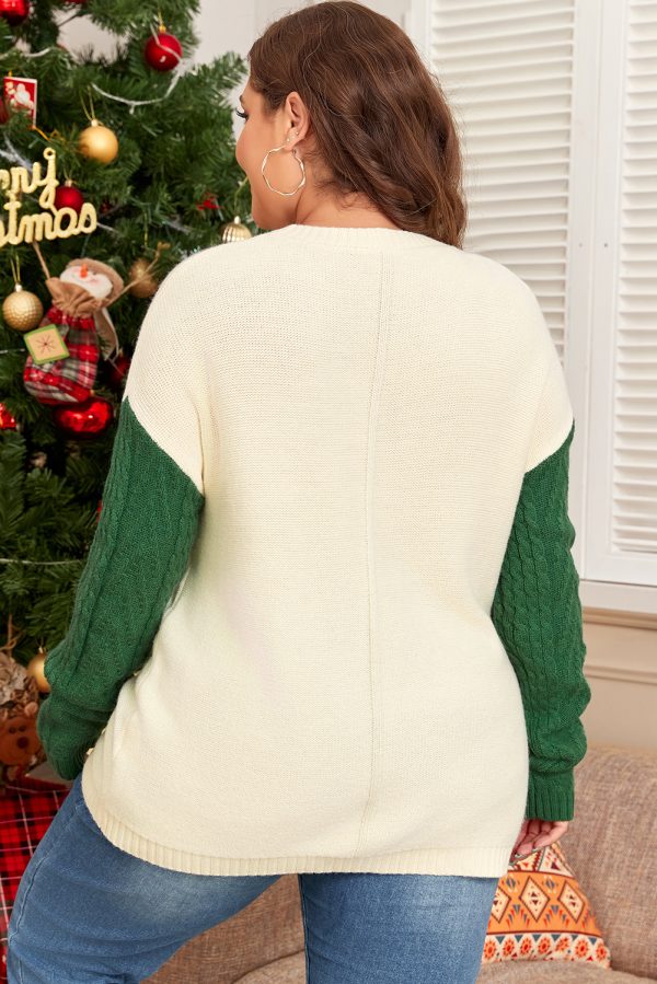 Mist Green Plus Size Cable Knit Color Block Drop Shoulder Sweater - Image 2