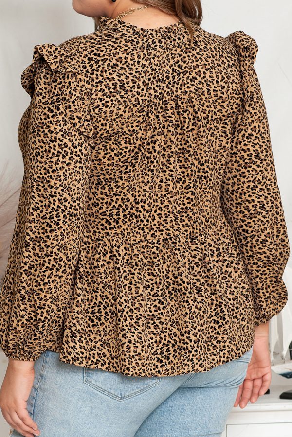 Leopard Frilled Shoulder Decor Plus Size Babydoll Top - Image 2