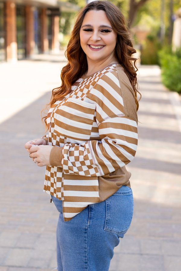 Khaki Striped Checkered Mixed Print Chest Pocket Casual Plus Size Top - Image 3