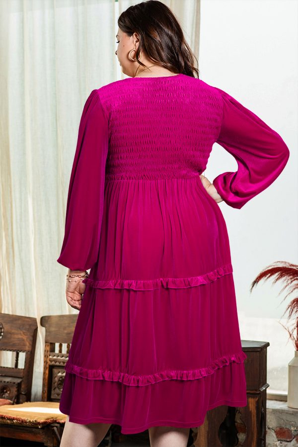 Rose Red Shirred V Neck Tiered Ruffled Velvet Plus Size Maxi Dress - Image 2