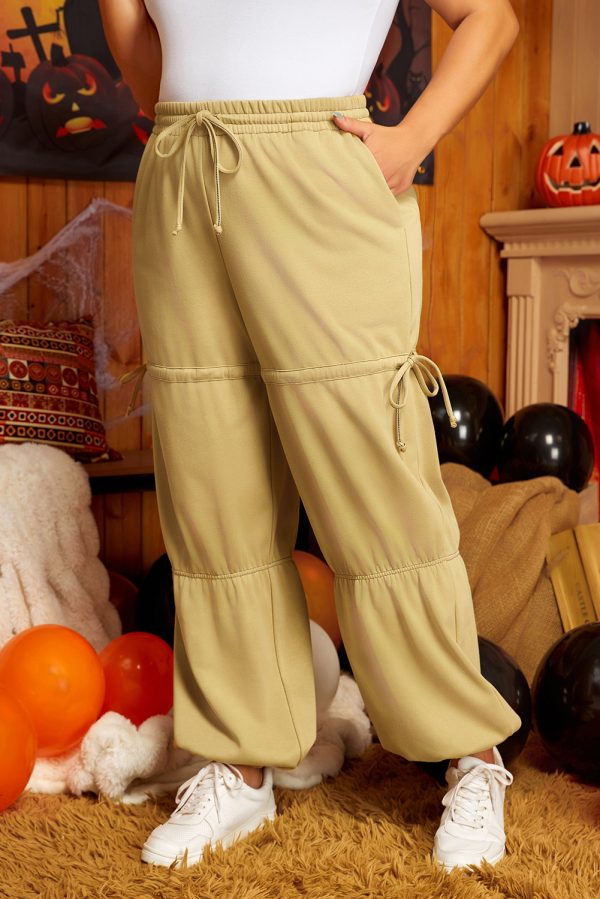 Beige Drawstring Adjusted Band High Waist Plus Size Pants - Image 3