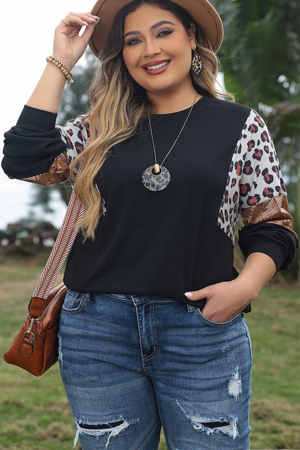 Black Leopard Sequin Patch Plus Size Long Sleeve Top - Image 3