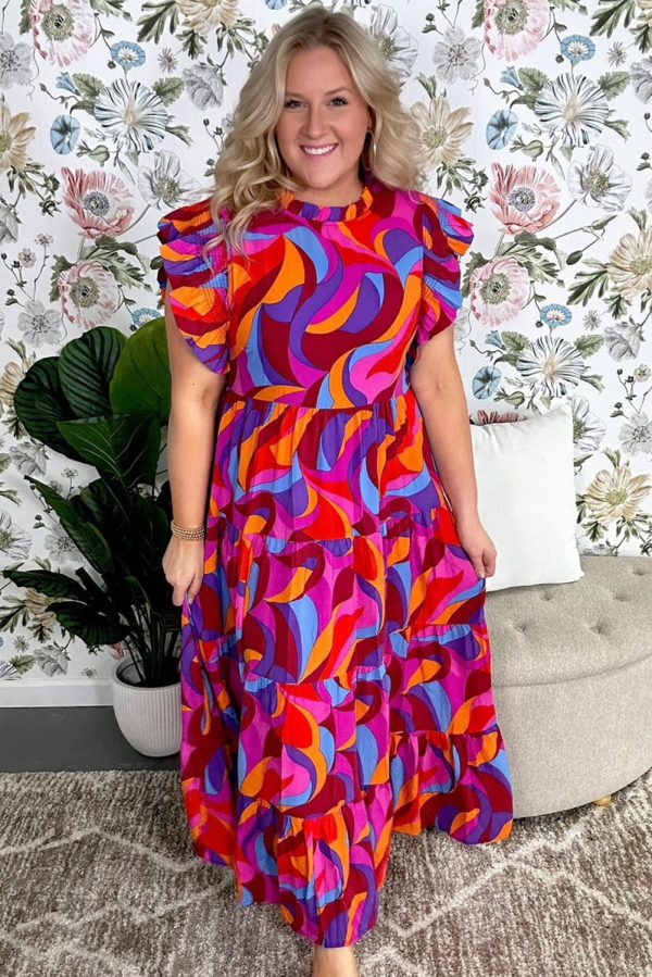 Multicolour Plus Abstract Print Ruffled Mock Neck Tiered Maxi Dress - Image 3