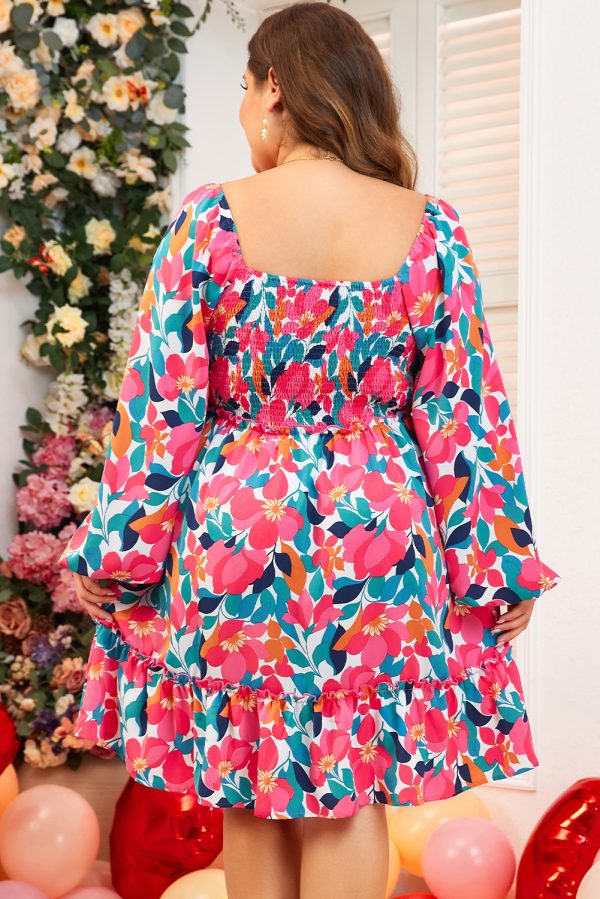 Rose Flower Print Smocked Square Neck Plus Size Dress - Image 2