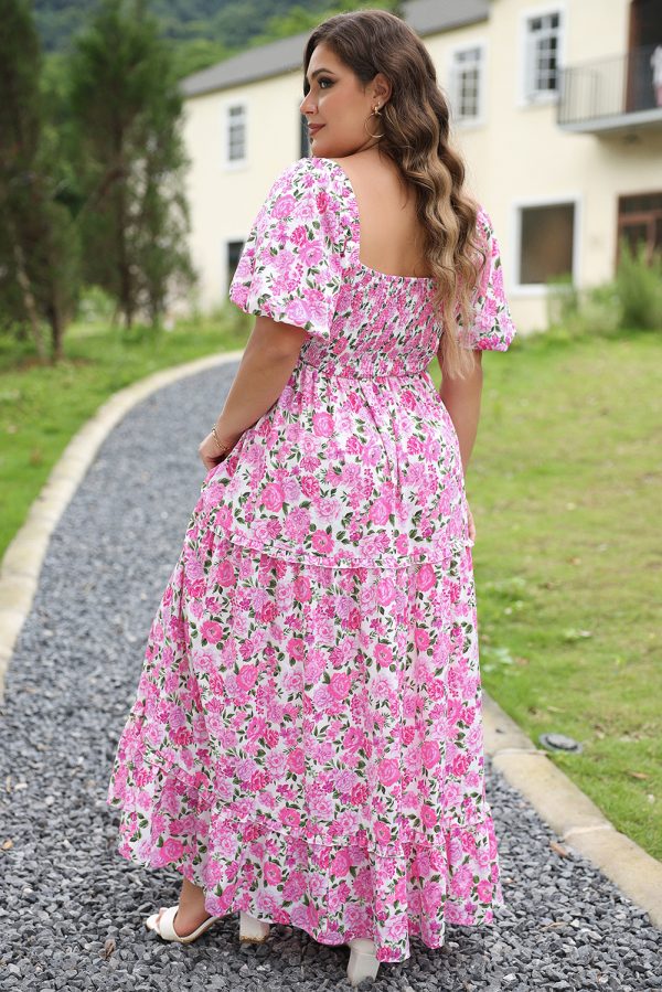 Pink Plus Size Floral Print Smocked Puff Sleeve Dress - Image 2