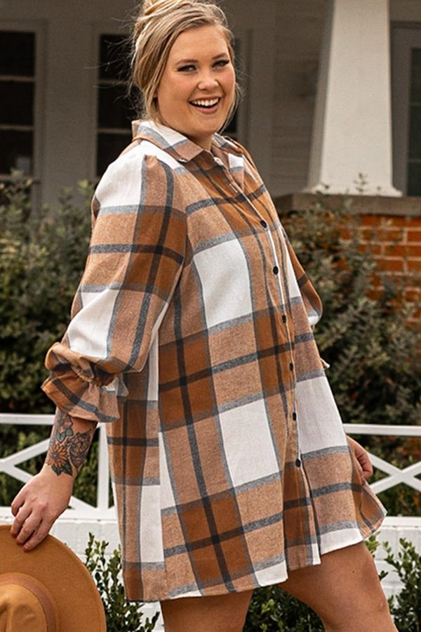 Khaki Plus Size Plaid Flounce Sleeve Button up Shirt Dress - Image 3