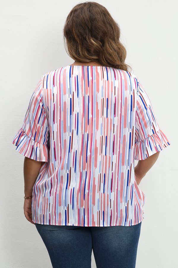 White Stripe Ruffled Short Sleeve Plus Size Blouse - Image 3